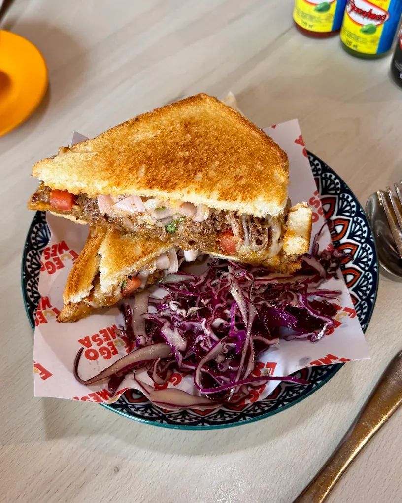 A toasted sandwich filled with shredded beef and salsa, served with red cabbage slaw